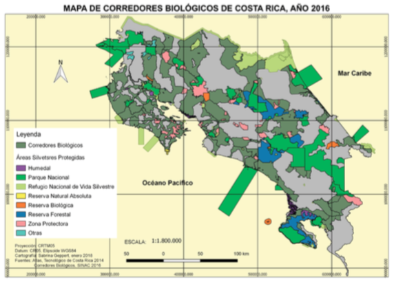 Mapa corredores biológicos de Costa Rica, año 2016