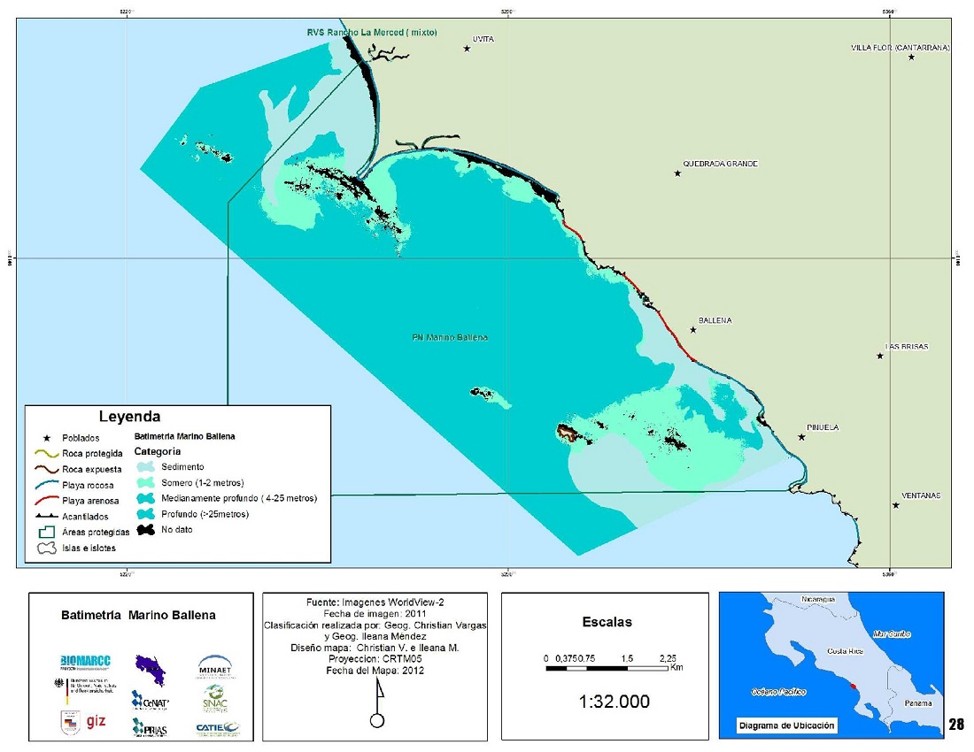 Mapa de la batimetría de Marino Ballena 